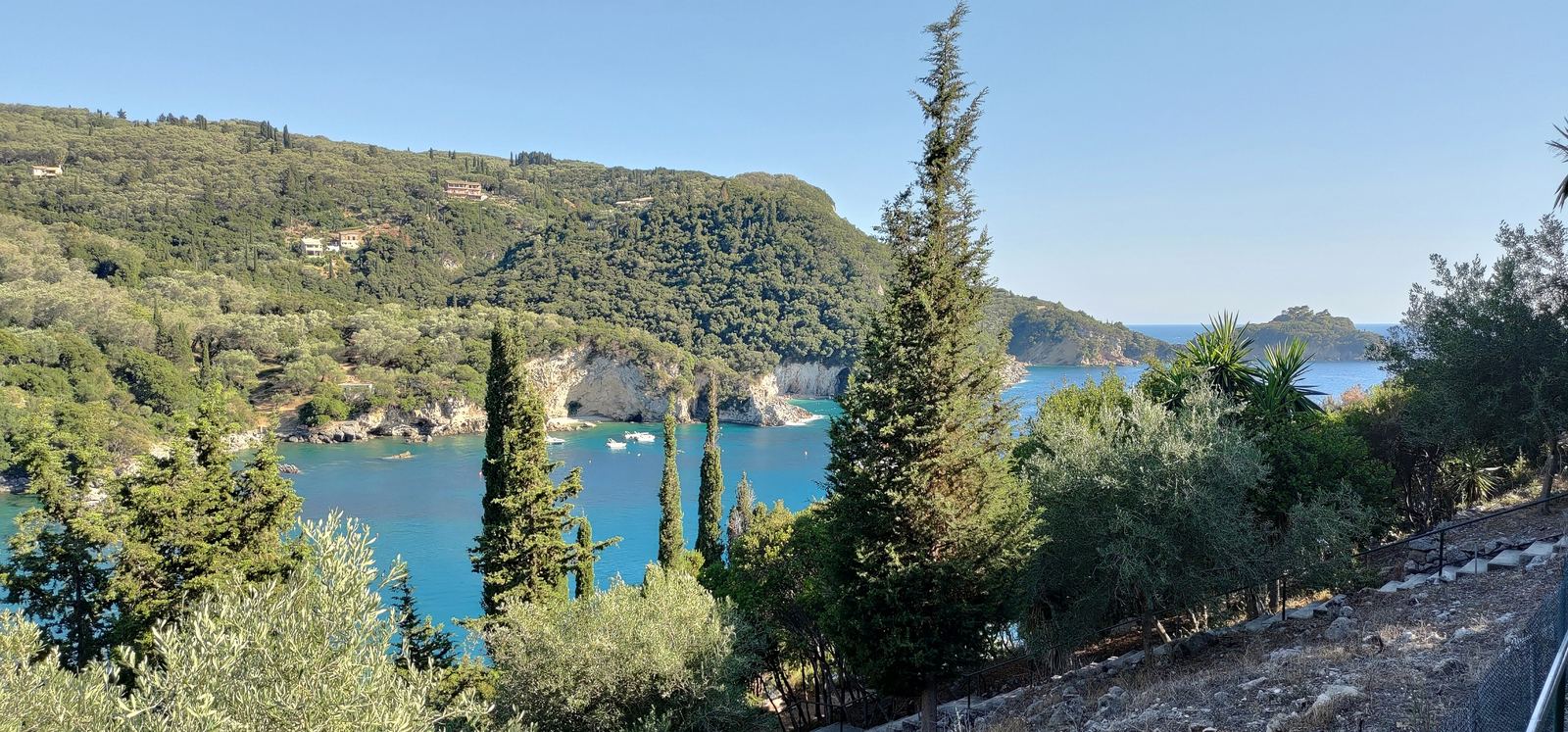 A turquoise Mediterranean bay ringed by cypress trees and pale cliffs, seen from a hillside path.